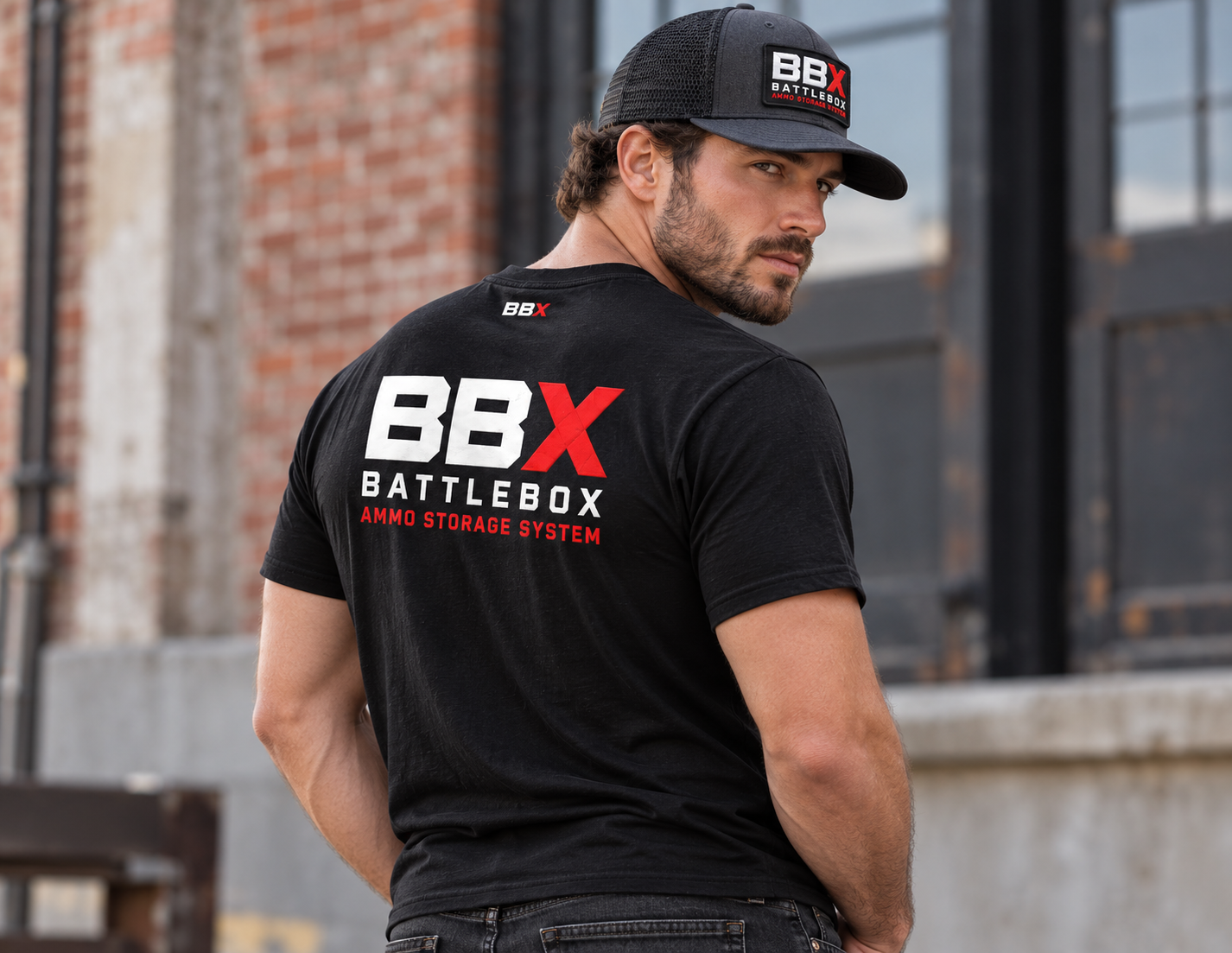BattleBox back-print black tee and black patch cap