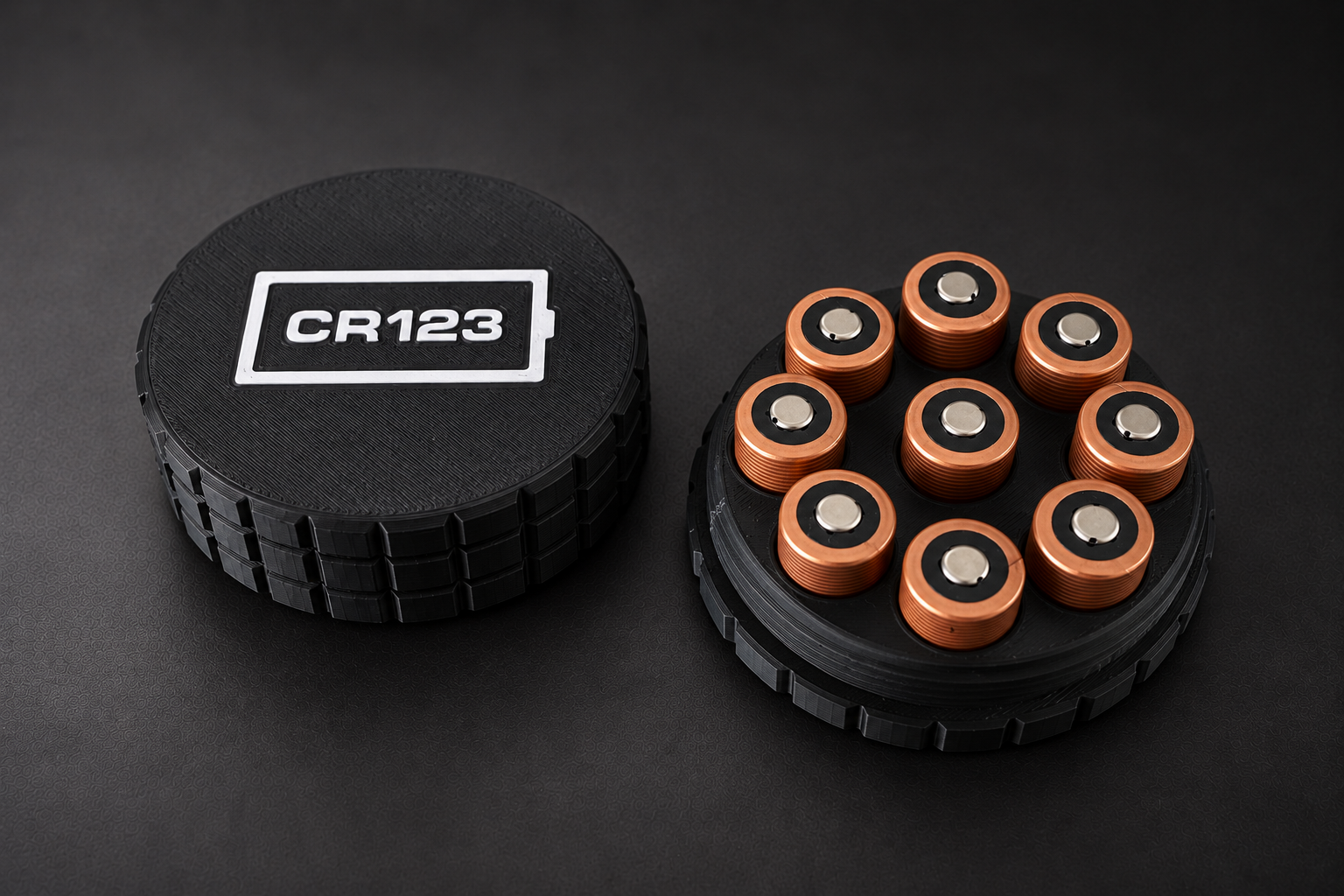 BattleBox CR123 battery case with its marked lid and nine individual battery positions on a black studio background