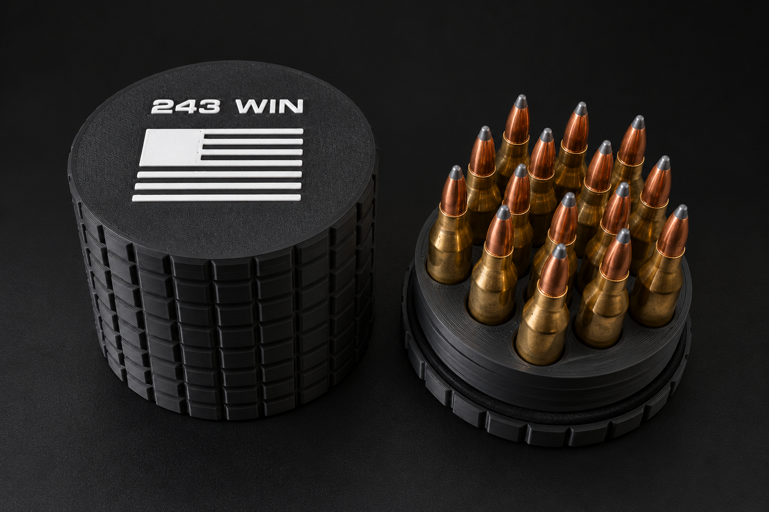 Black BattleBox 243 WIN Round Vault with white lettering and flag, with its loaded rifle cartridge holder on a black background