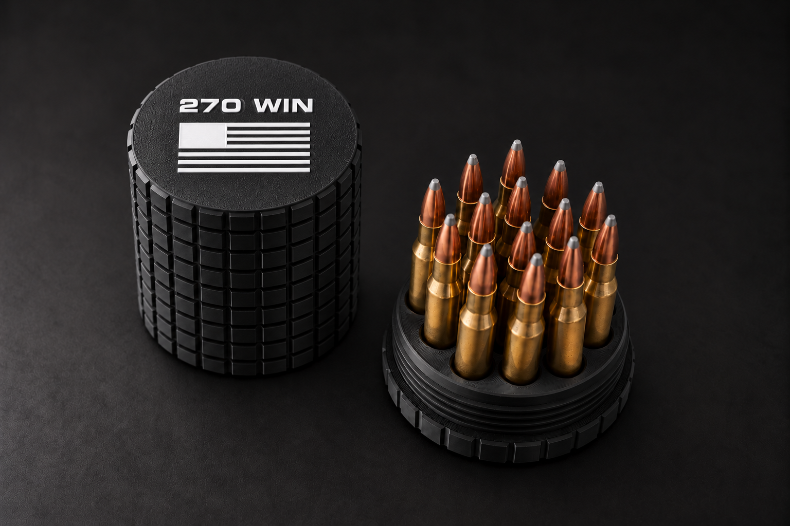 Black BattleBox 270 WIN Round Vault with white lettering and flag, with its loaded holder on a black background