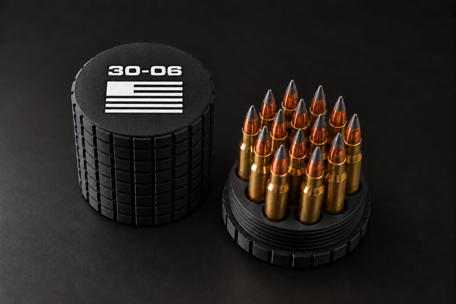 Black BattleBox 30-06 Springfield Round Vault with white lettering and flag, with its loaded holder on a black background