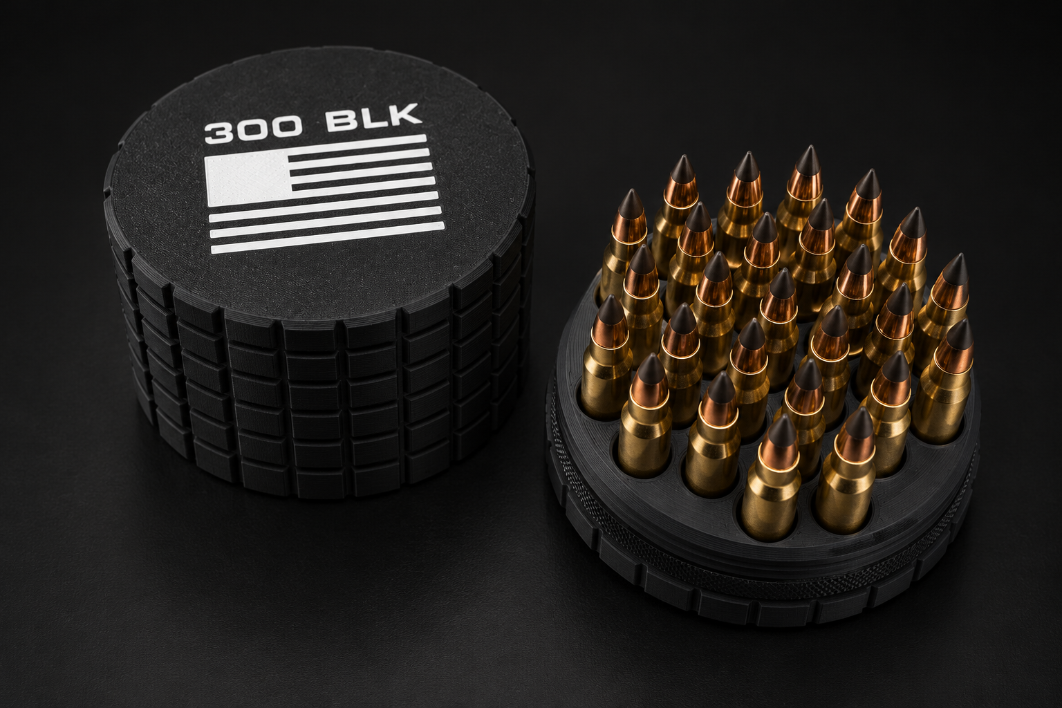Black BattleBox 300 Blackout Round Vault with white lettering and flag, with its loaded rifle cartridge holder on a black background