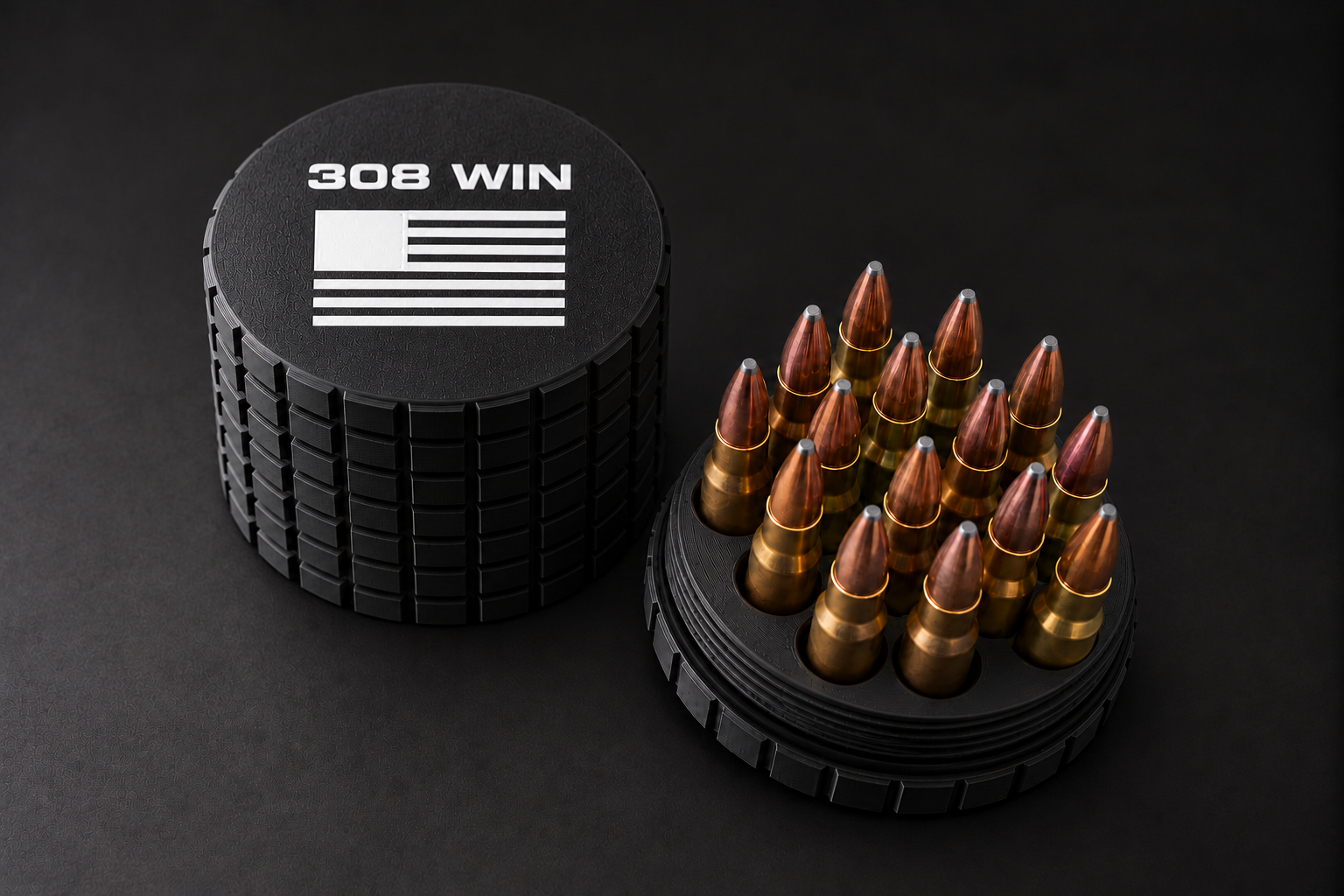 Black BattleBox 308 WIN Round Vault with white lettering and flag, with its loaded holder on a black background