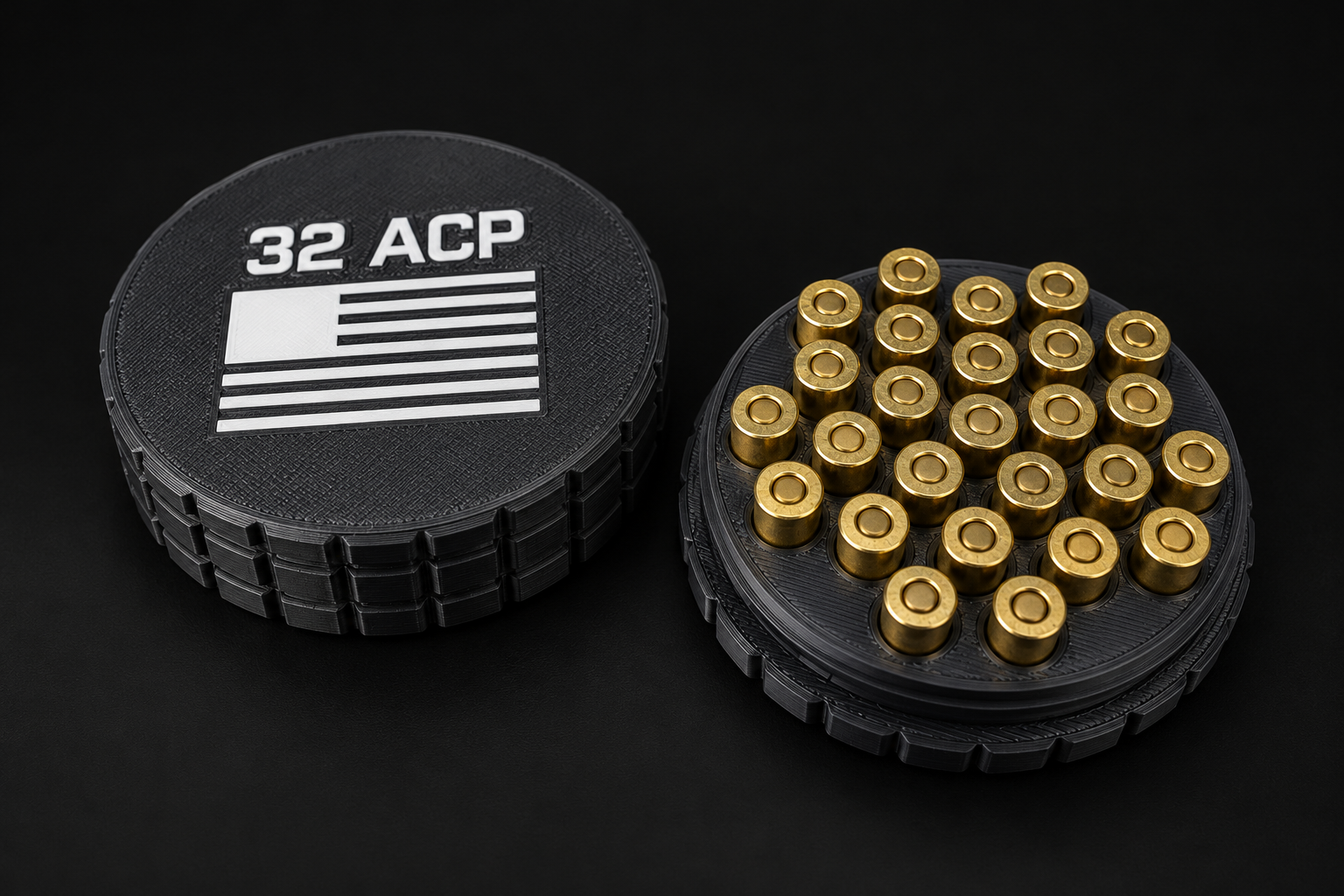 Black BattleBox 32 ACP Round Vault with white lettering and flag, with its loaded holder on a black background