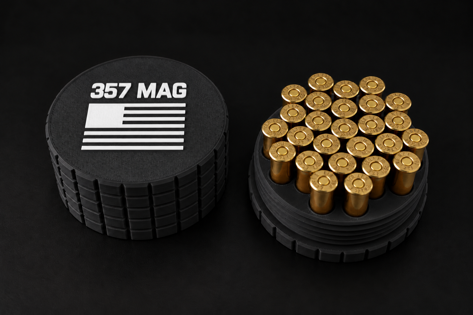 Black BattleBox 357 MAG Round Vault with white lettering and flag, with its loaded holder on a black background