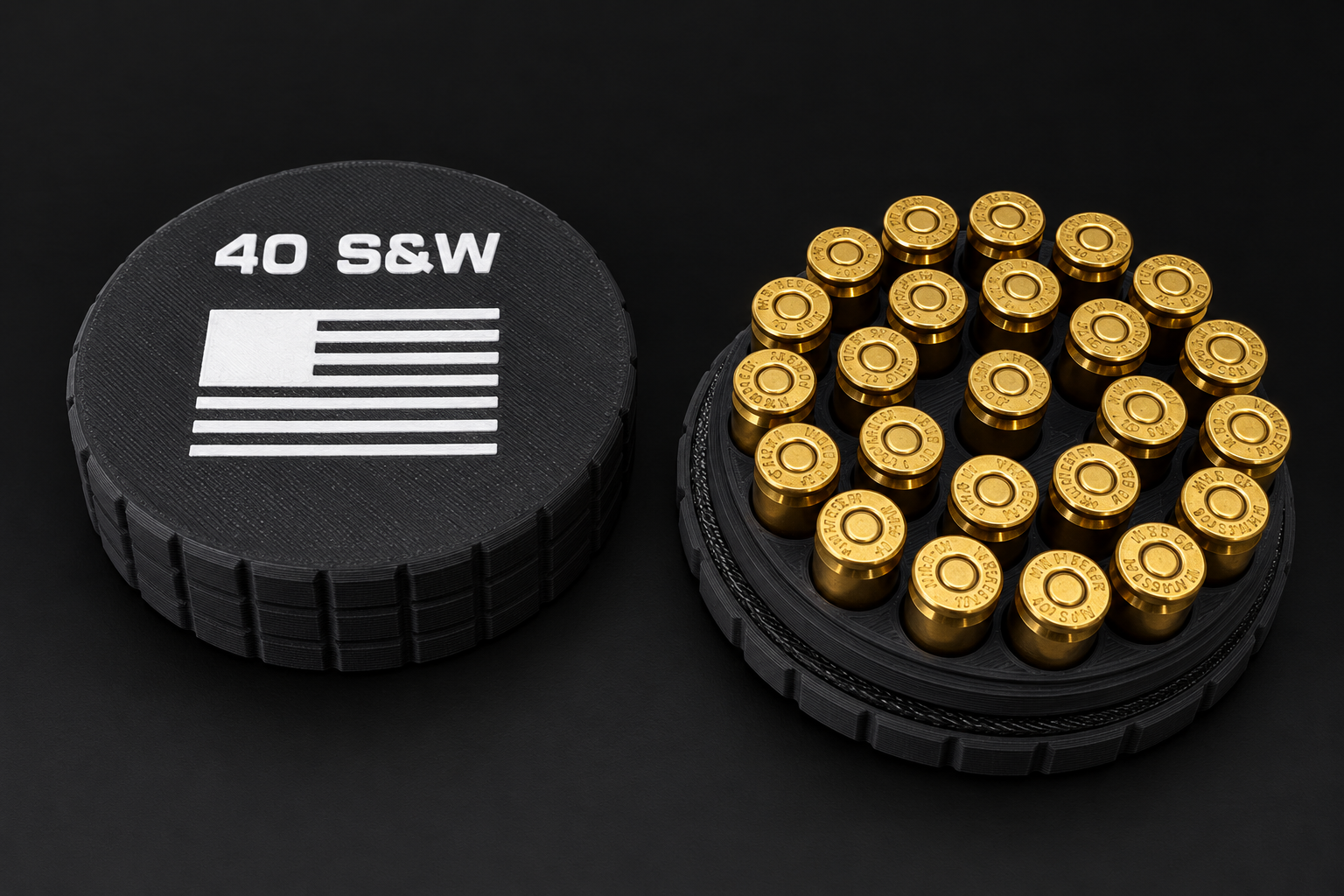 Black BattleBox 40 S&W Round Vault with white lettering and flag and loaded cartridge holder on a black background
