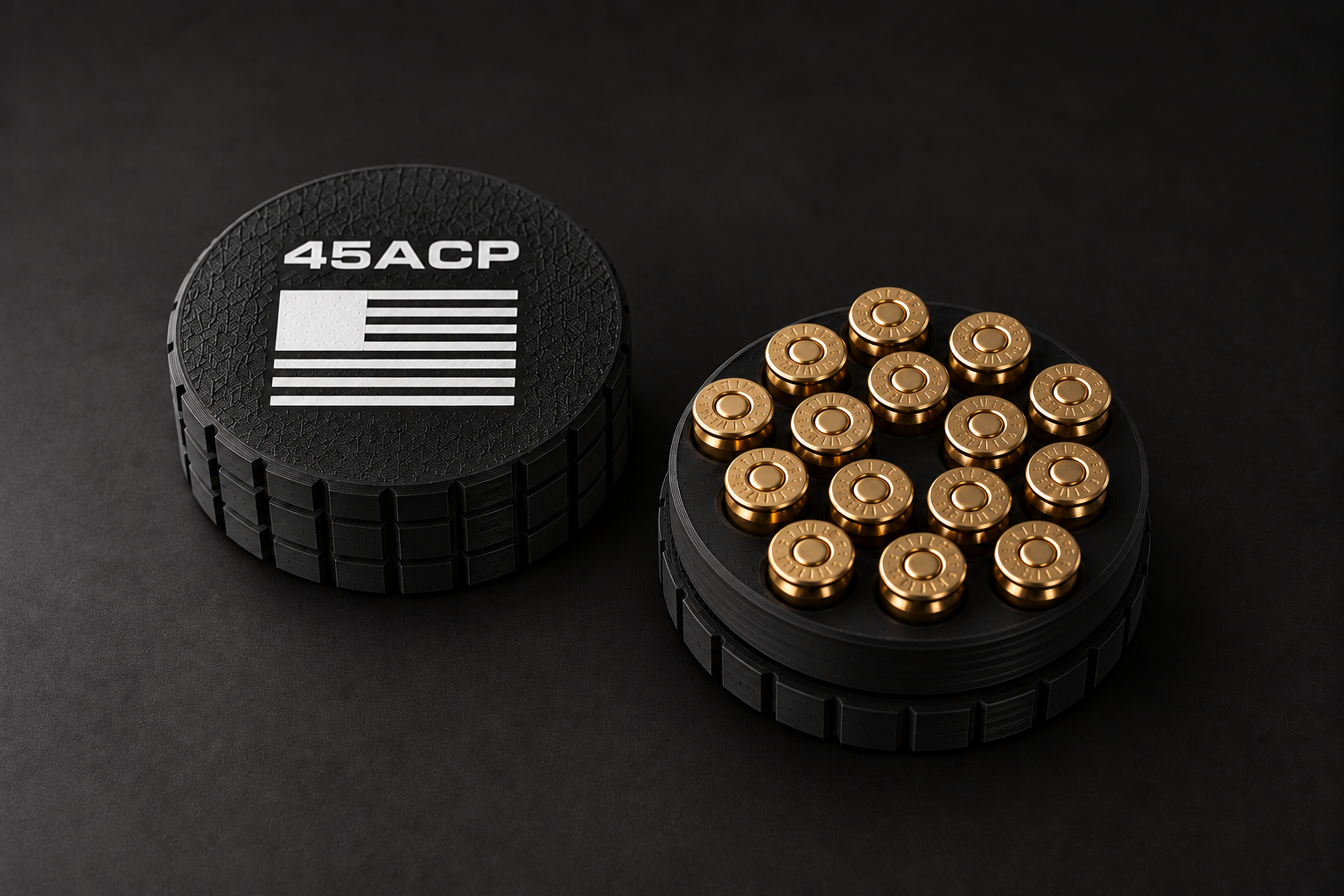 Black BattleBox 45 ACP Round Vault with white lettering and flag, with its loaded holder on a black background