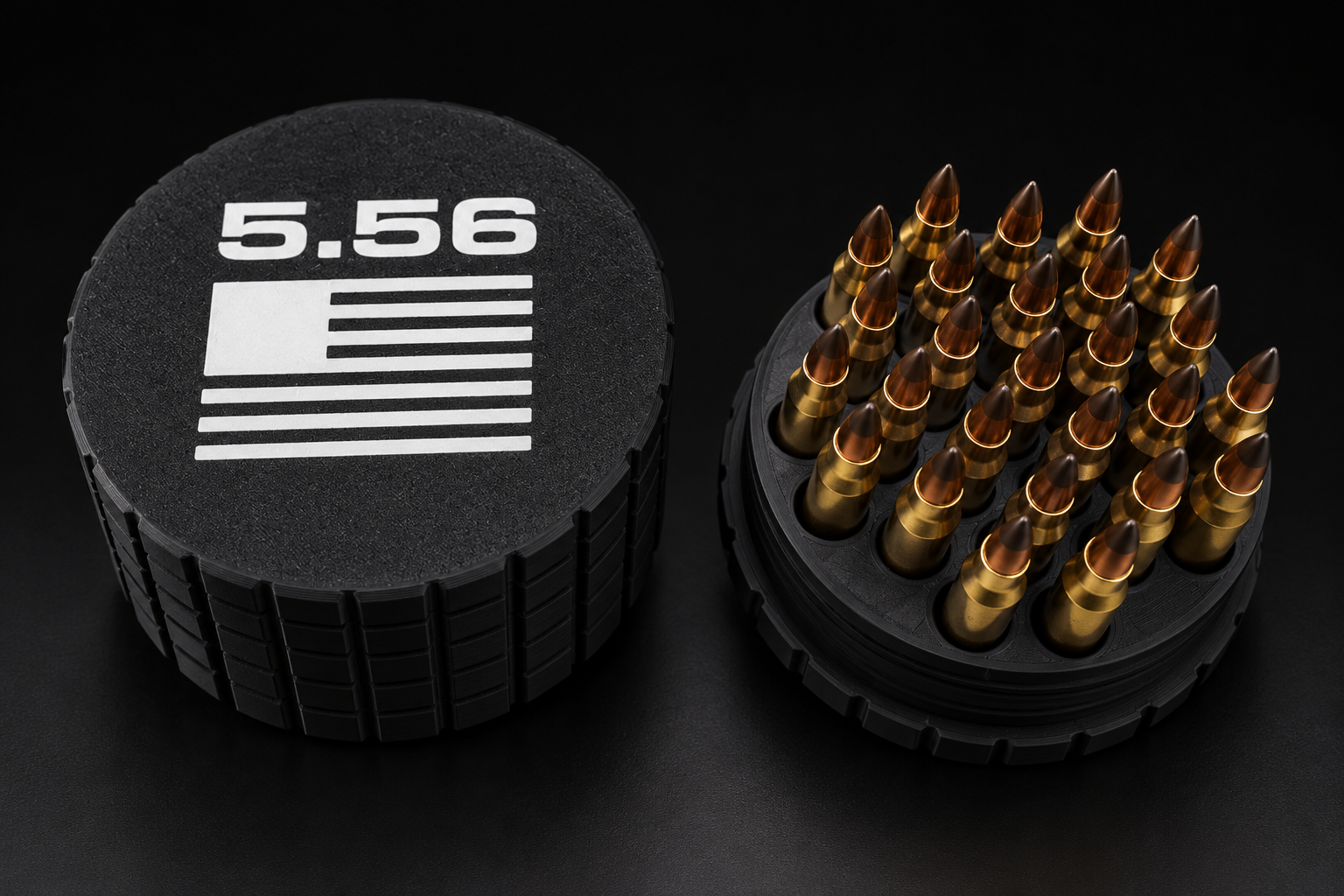 Black BattleBox 5.56 NATO Round Vault with white lettering and flag, with its loaded rifle cartridge holder on a black background