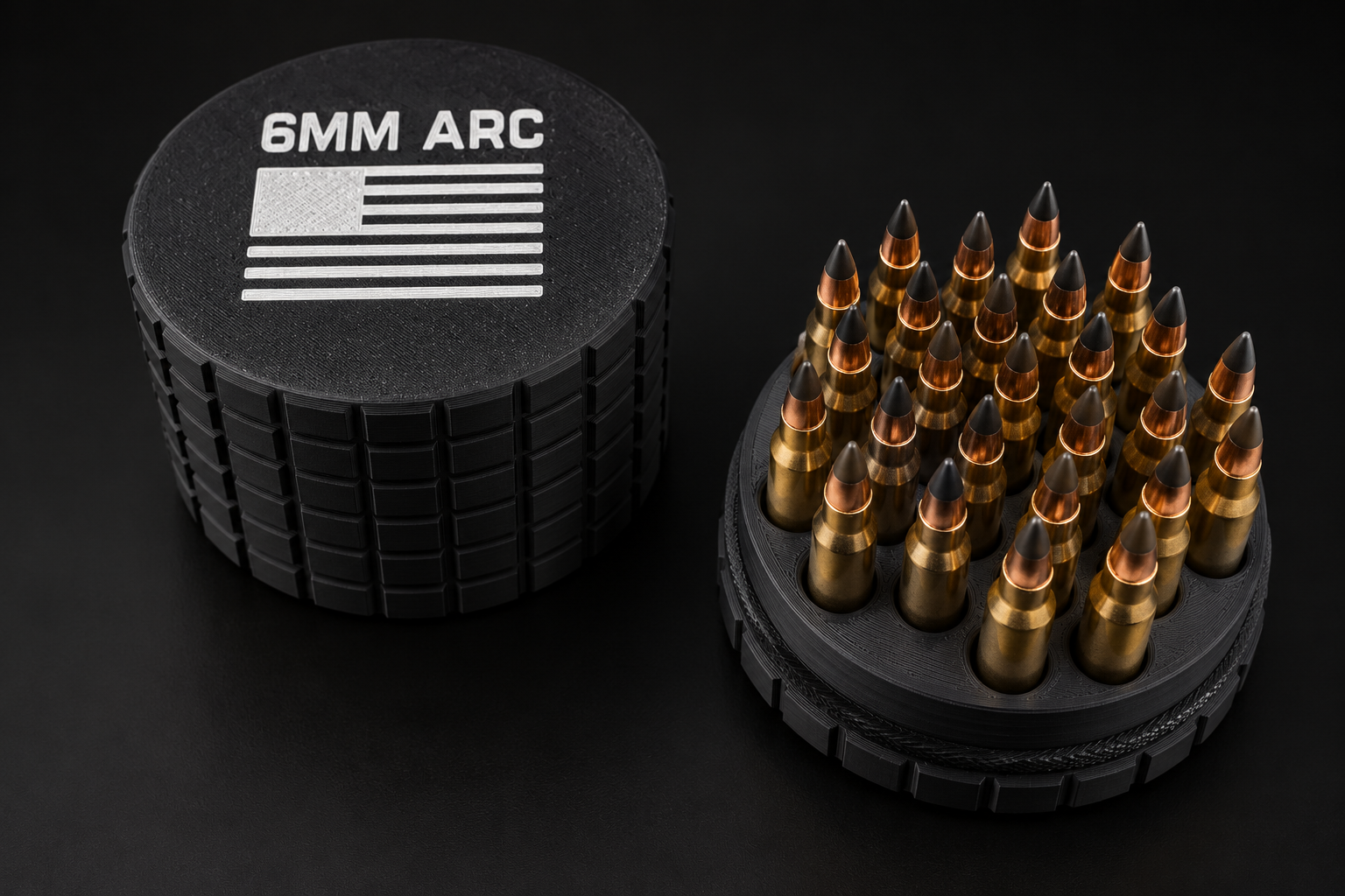 Black BattleBox 6mm ARC Round Vault with white lettering and flag, with its loaded rifle cartridge holder on a black background