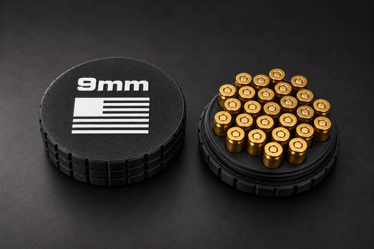 Black BattleBox Round Vault with white 9MM lettering and a loaded holder on a black background