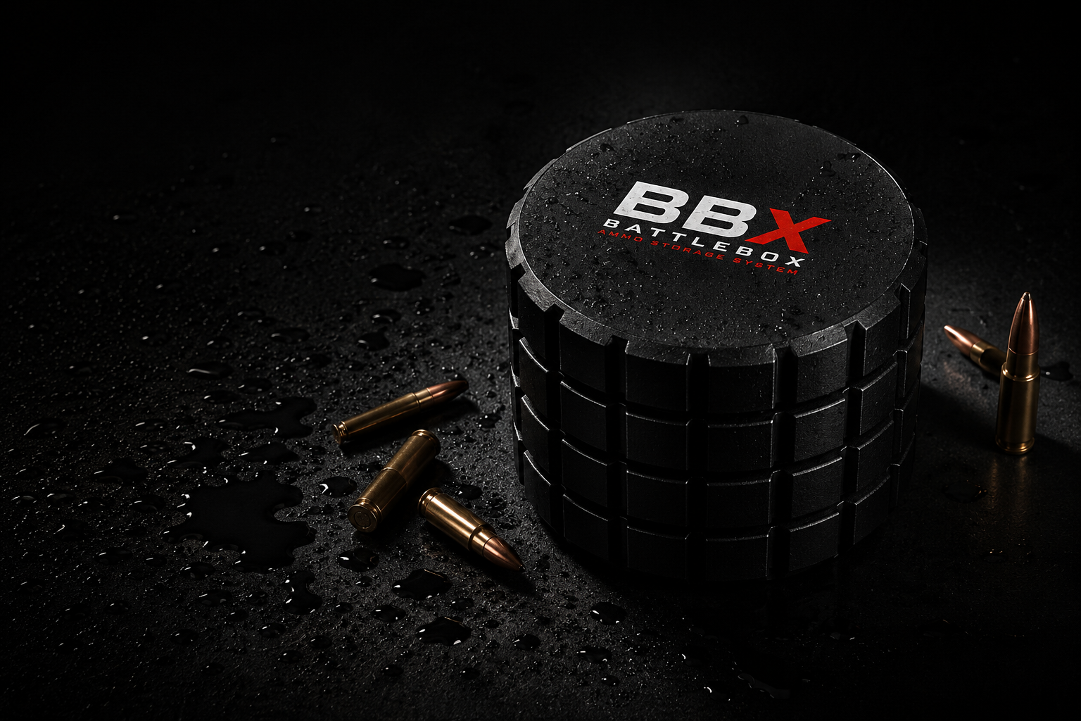 Black BattleBox Round Vault with the red and white BattleBox logo on its closed lid