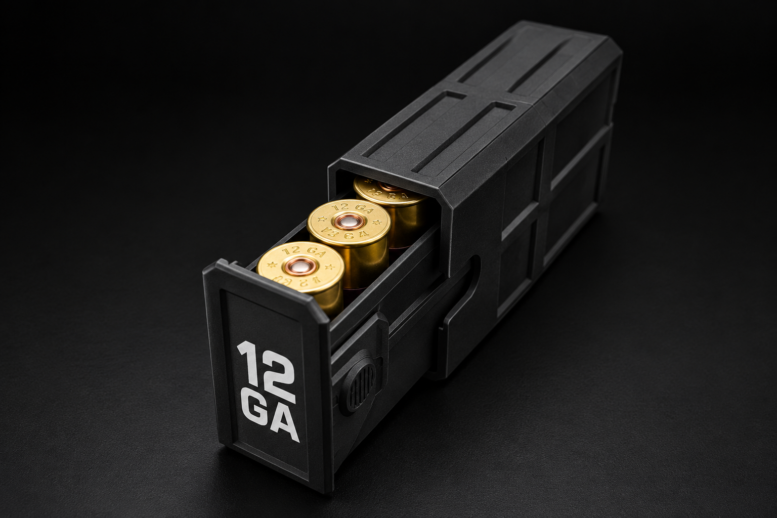 Black BattleBox 12 GA Stackable Vault with white lettering and a partially open tray showing brass shotgun shell bases on a black background