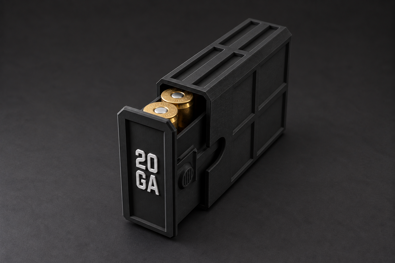 Black BattleBox 20 GA Stackable Vault with white lettering and a loaded open tray on a black background