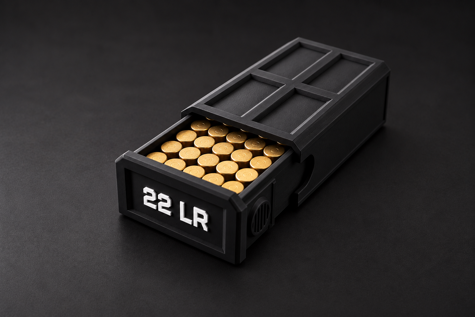 Black BattleBox 22 LR Stackable Vault with white lettering and a loaded open tray on a black background