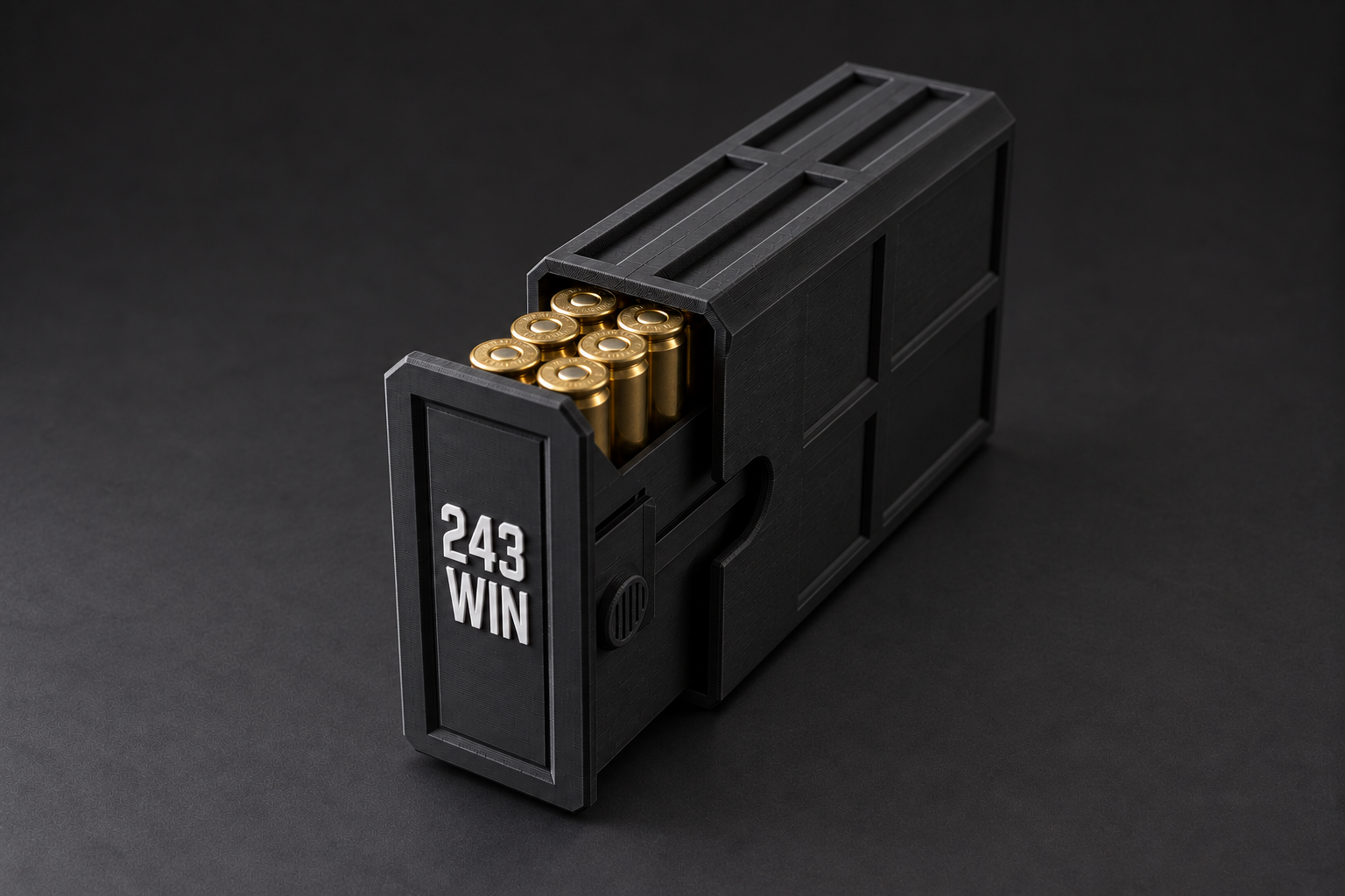 Black BattleBox 243 WIN Stackable Vault with white lettering and a loaded open tray on a black background