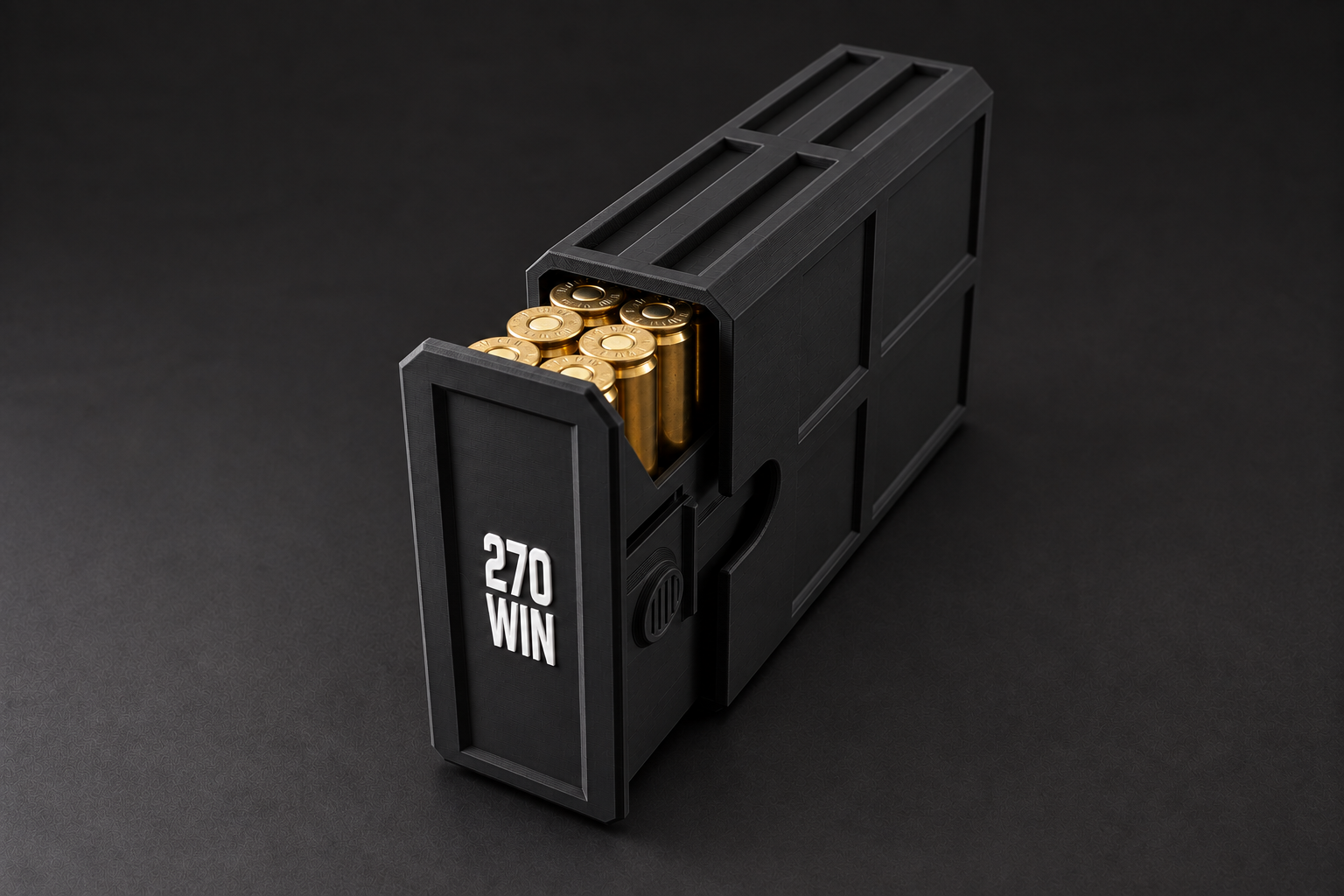Black BattleBox 270 WIN Stackable Vault with white lettering and a loaded open tray on a black background