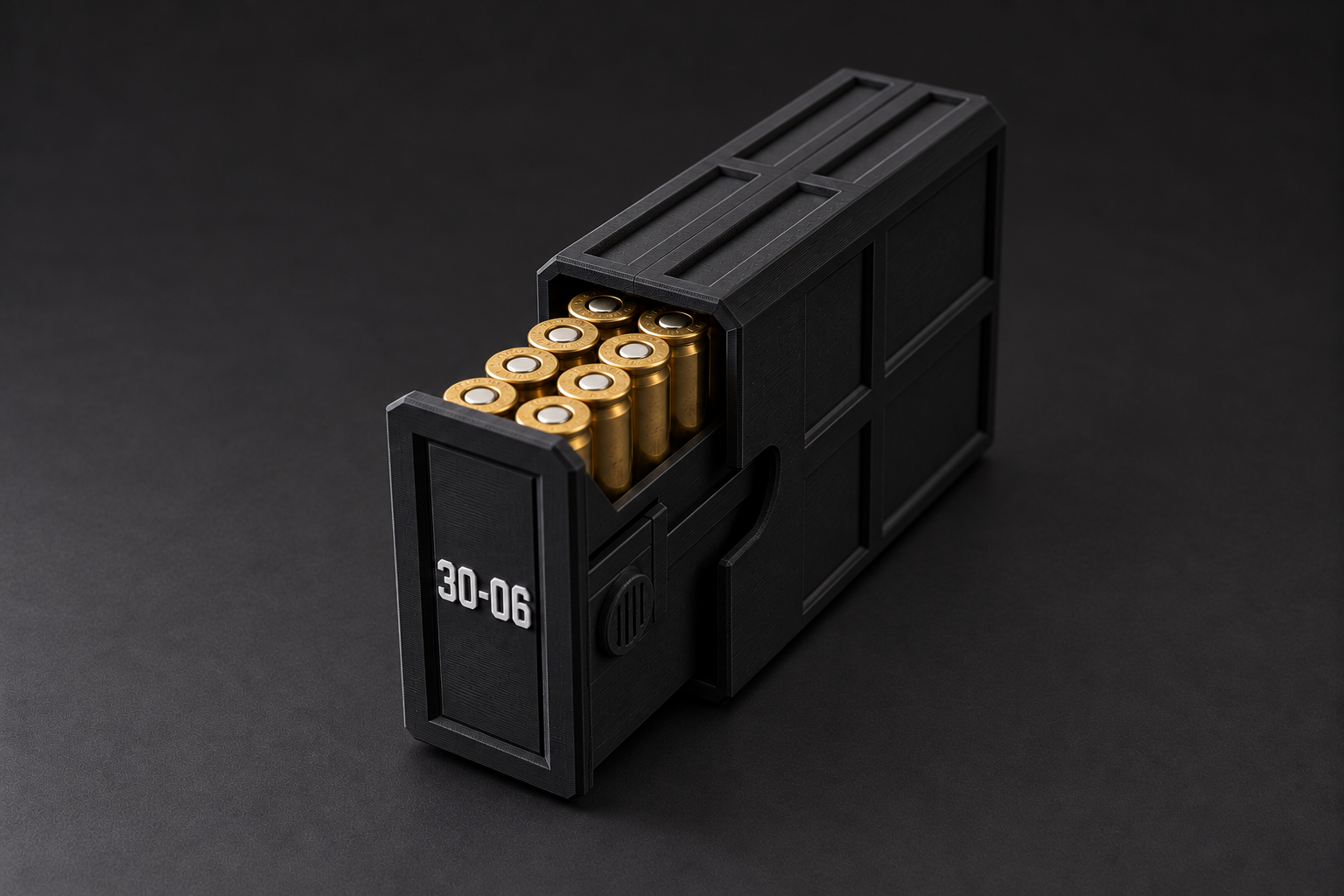 Black BattleBox 30-06 Springfield Stackable Vault with white lettering and a loaded open tray on a black background