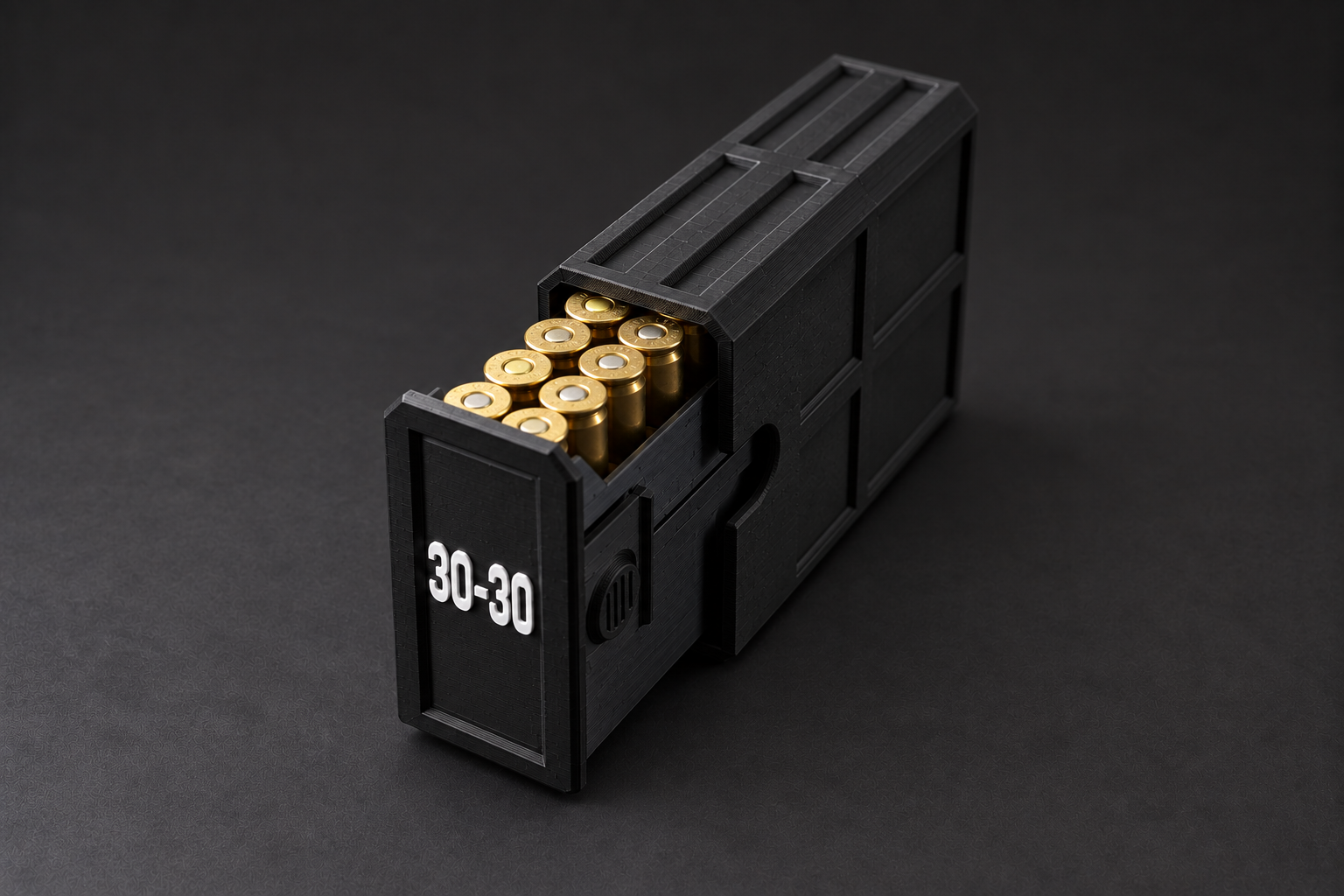 Black BattleBox 30-30 Win Stackable Vault with white lettering and a loaded open tray on a black background