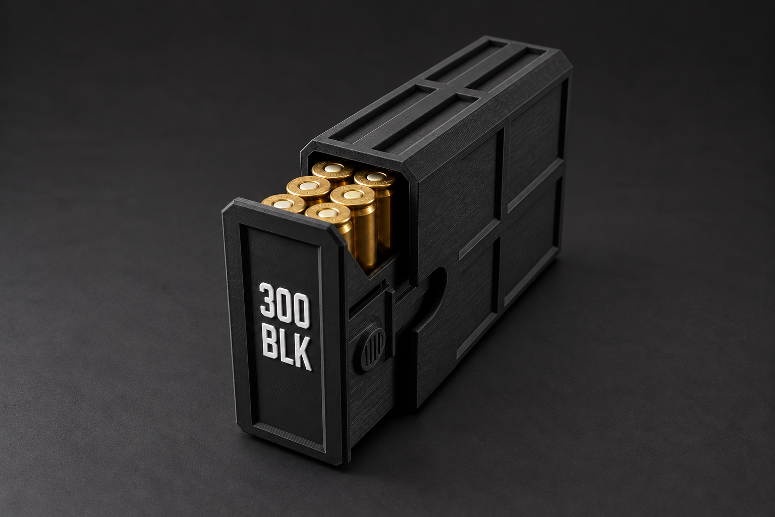 Black BattleBox 300 Blackout Stackable Vault with white lettering and a loaded open tray on a black background