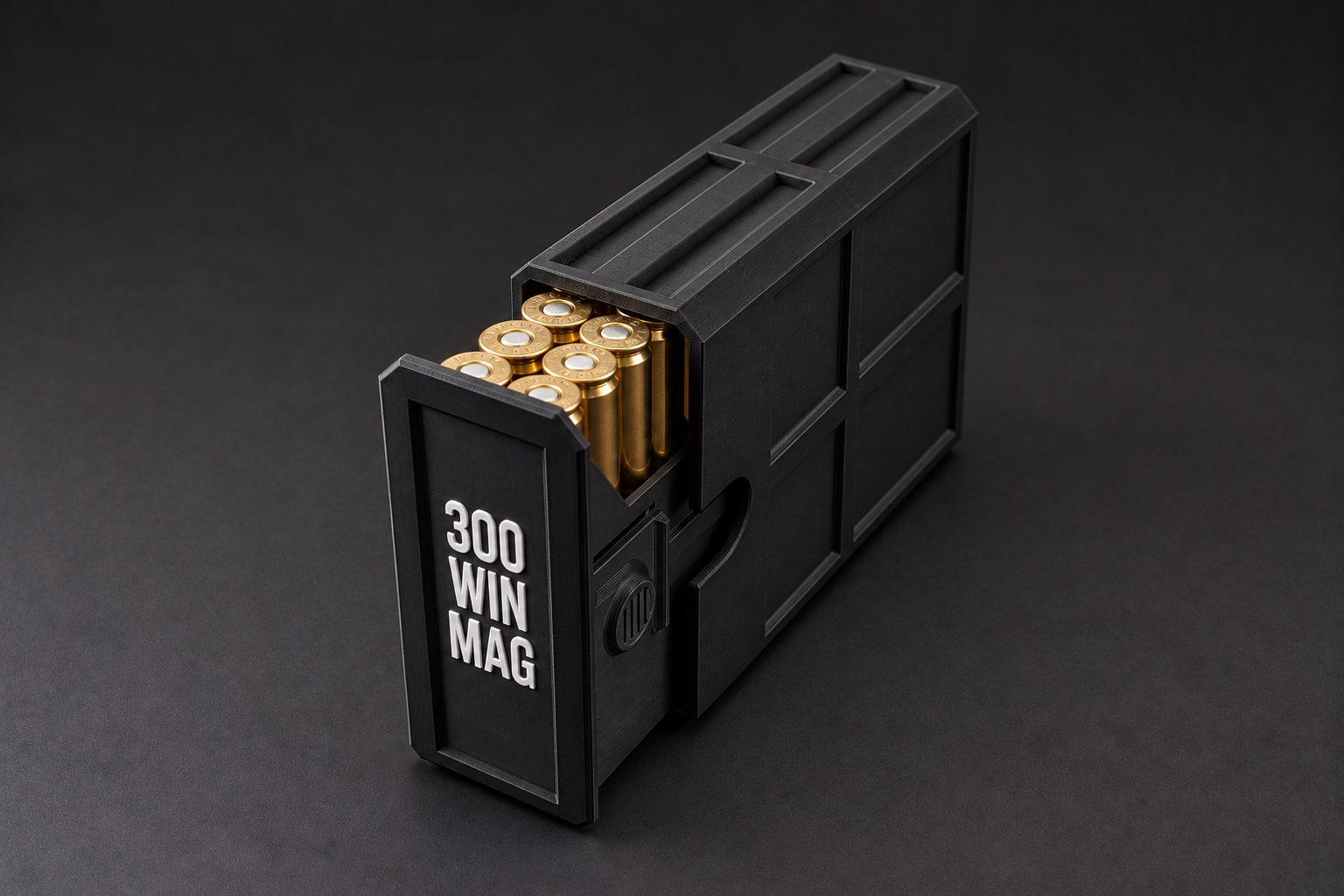 Black BattleBox 300 WIN MAG Stackable Vault with white lettering and a loaded open tray on a black background