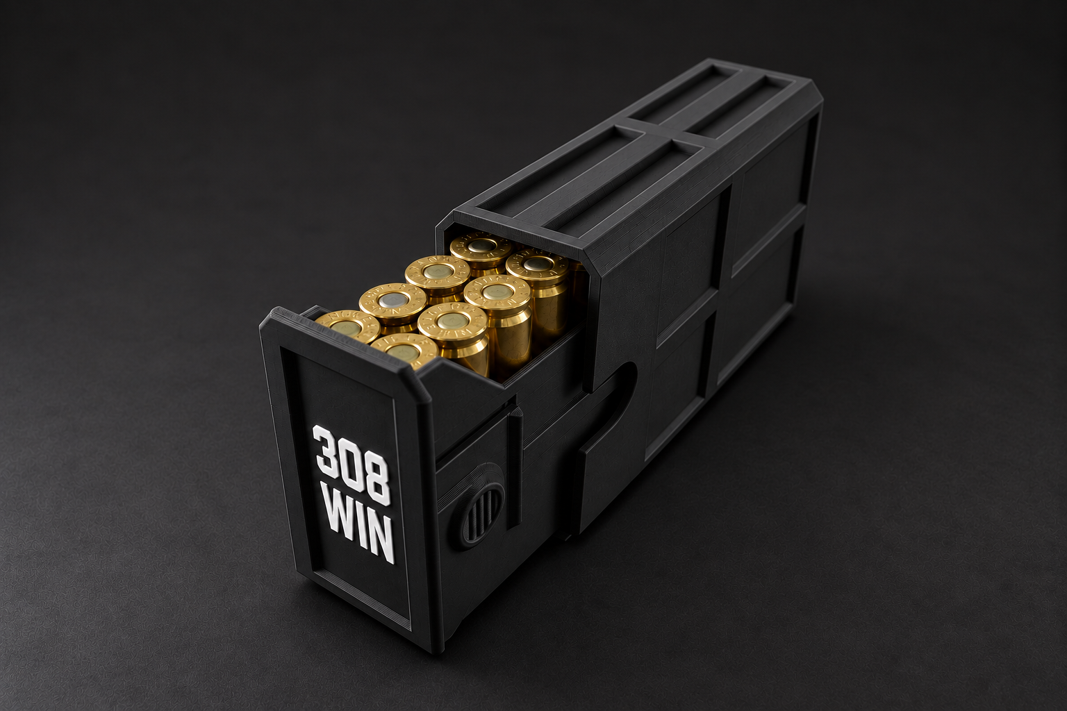 Black BattleBox 308 WIN Stackable Vault with white lettering and a loaded open tray on a black background