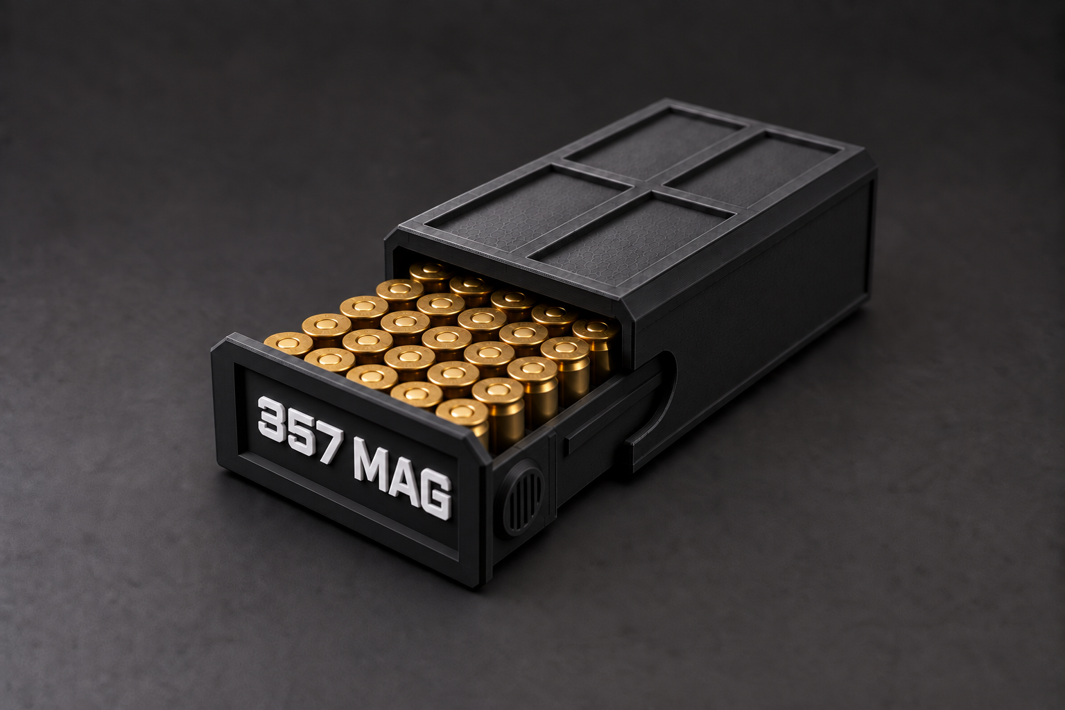Black BattleBox 357 MAG Stackable Vault with white lettering and a loaded open tray on a black background