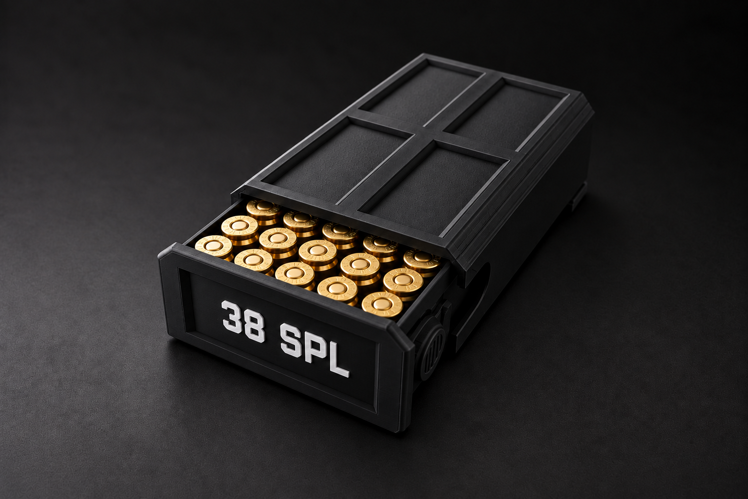 Black BattleBox 38 SPL Stackable Vault with white lettering and a partially open sliding lid showing brass cartridges on a black background