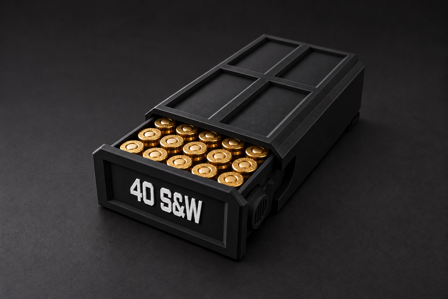 Black BattleBox 40 S&W Stackable Vault with white lettering and a loaded open tray on a black background