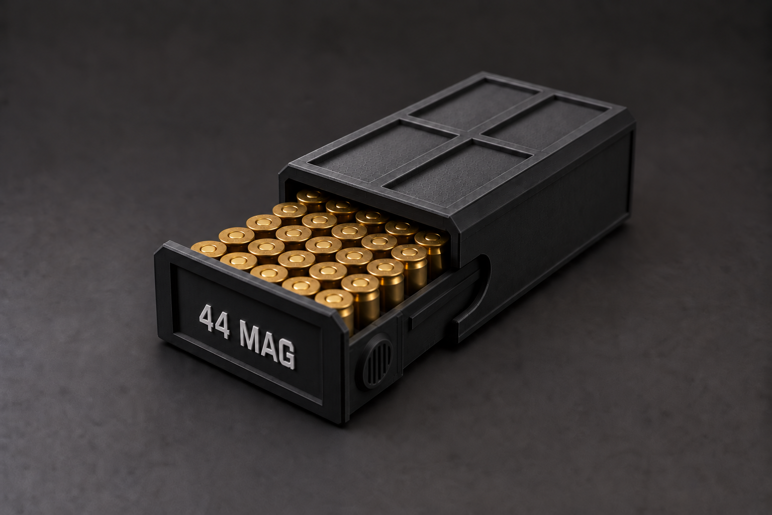 Black BattleBox 44 MAG Stackable Vault with white lettering and a loaded open tray on a black background