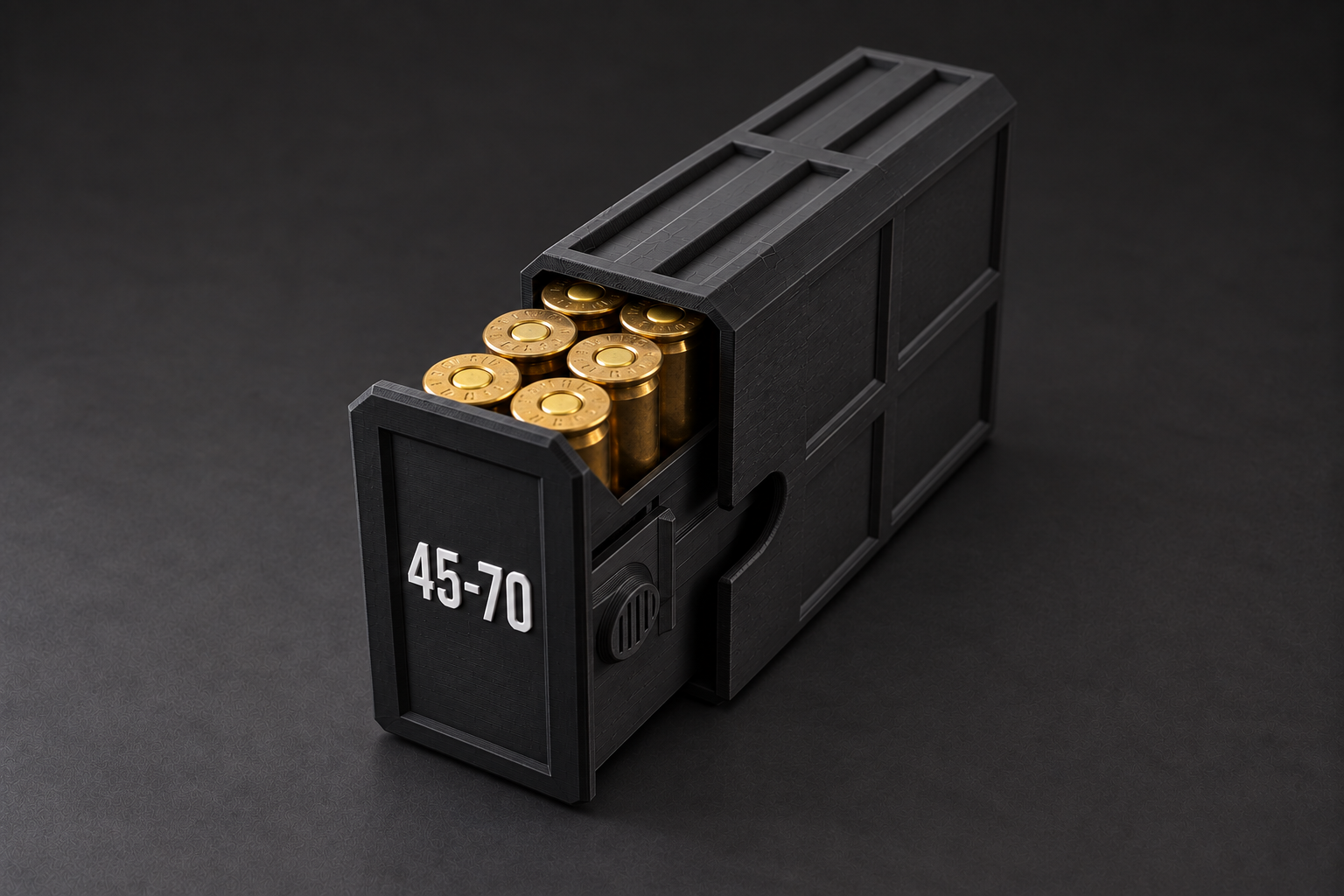 Black BattleBox 45-70 Government Stackable Vault with white lettering and a loaded open tray on a black background