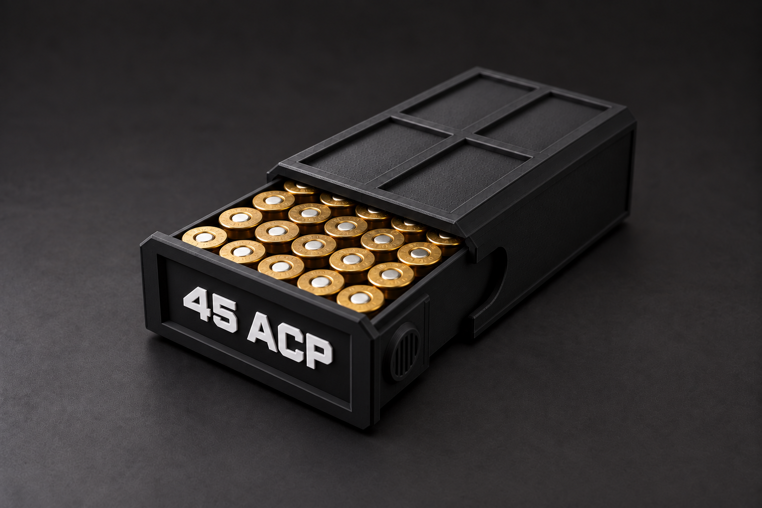 Black BattleBox 45 ACP Stackable Vault with white lettering and a loaded open tray on a black background