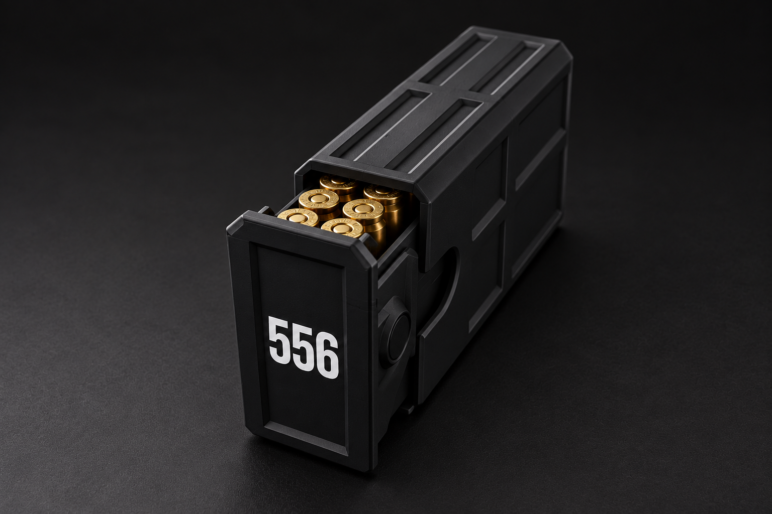 Black BattleBox 5.56 NATO Stackable Vault with white 556 lettering and a partially open loaded tray on a black background