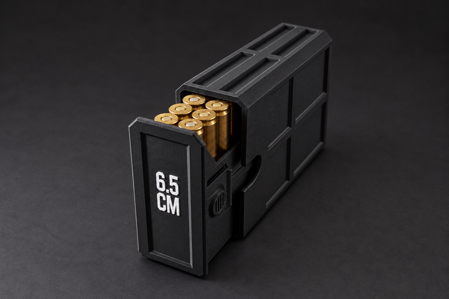 Black BattleBox 6.5 Creedmoor Stackable Vault with white lettering and a loaded open tray on a black background