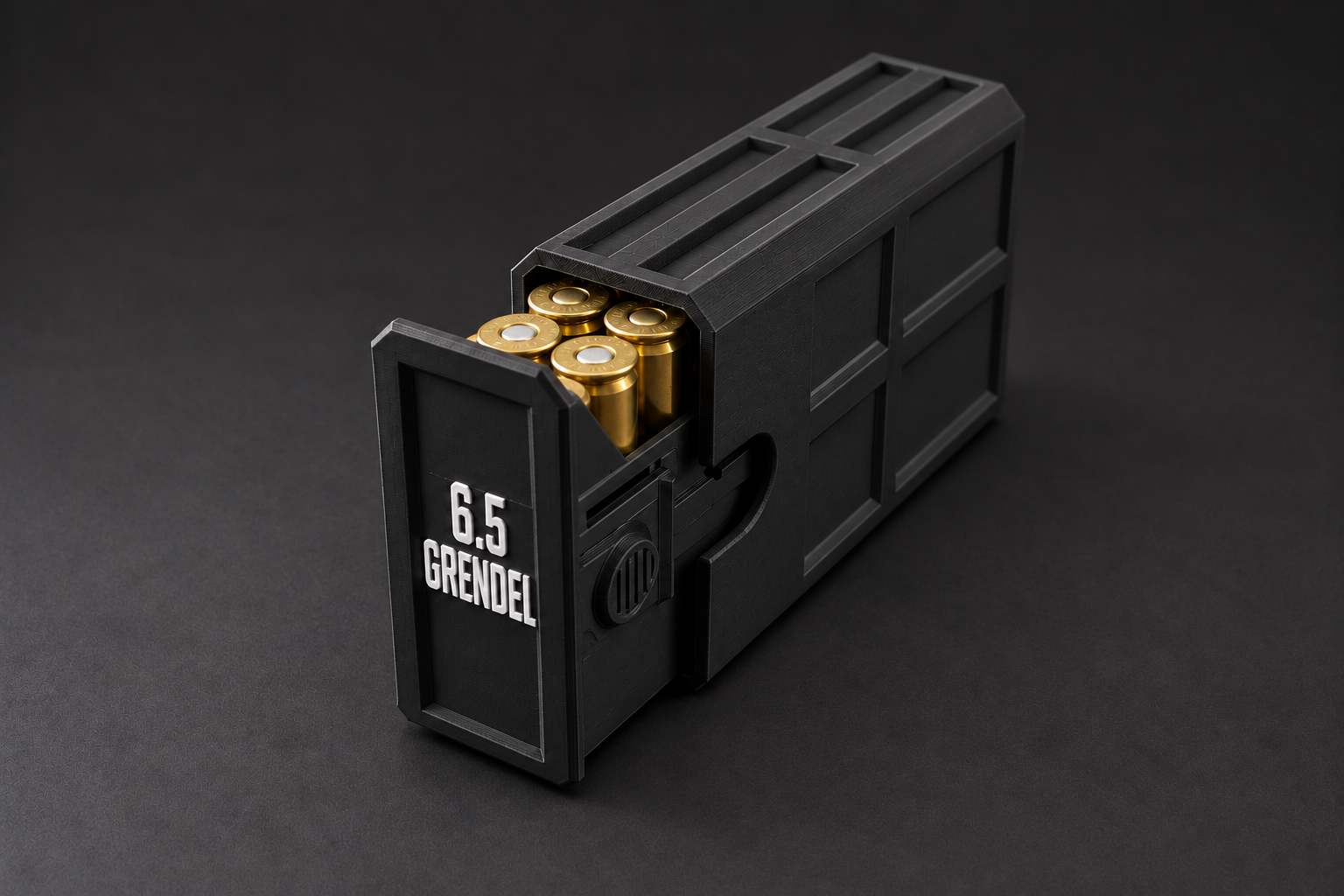 Black BattleBox 6.5 GRENDEL Stackable Vault with white lettering and a loaded open tray on a black background