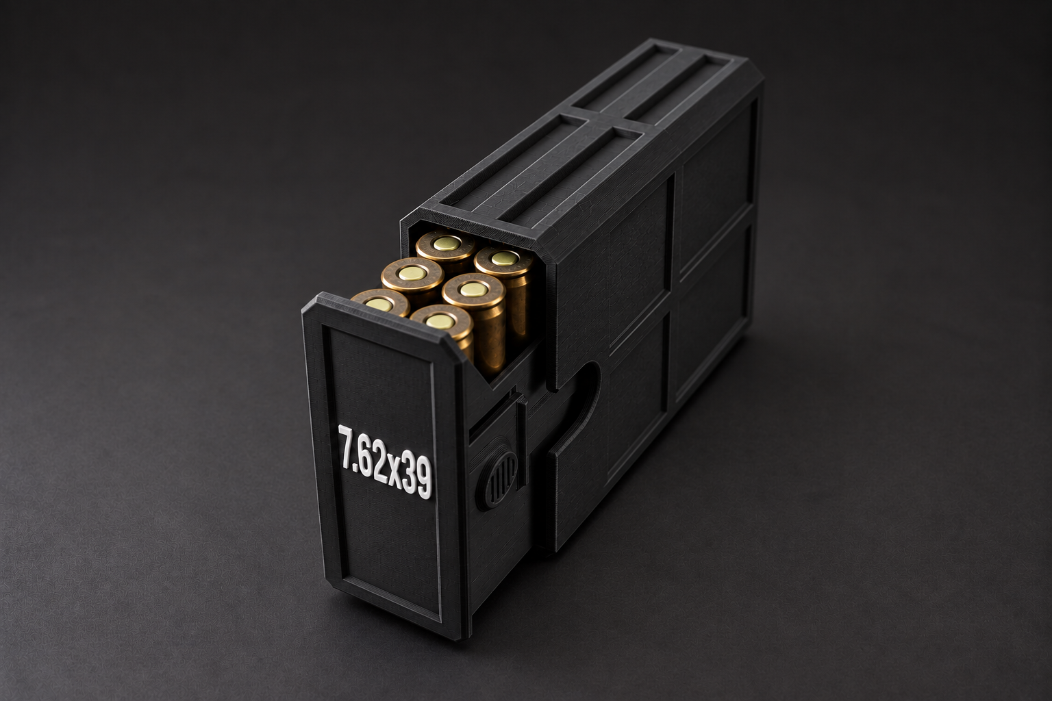 Black BattleBox 7.62x39 Stackable Vault with white lettering and a loaded open tray on a black background