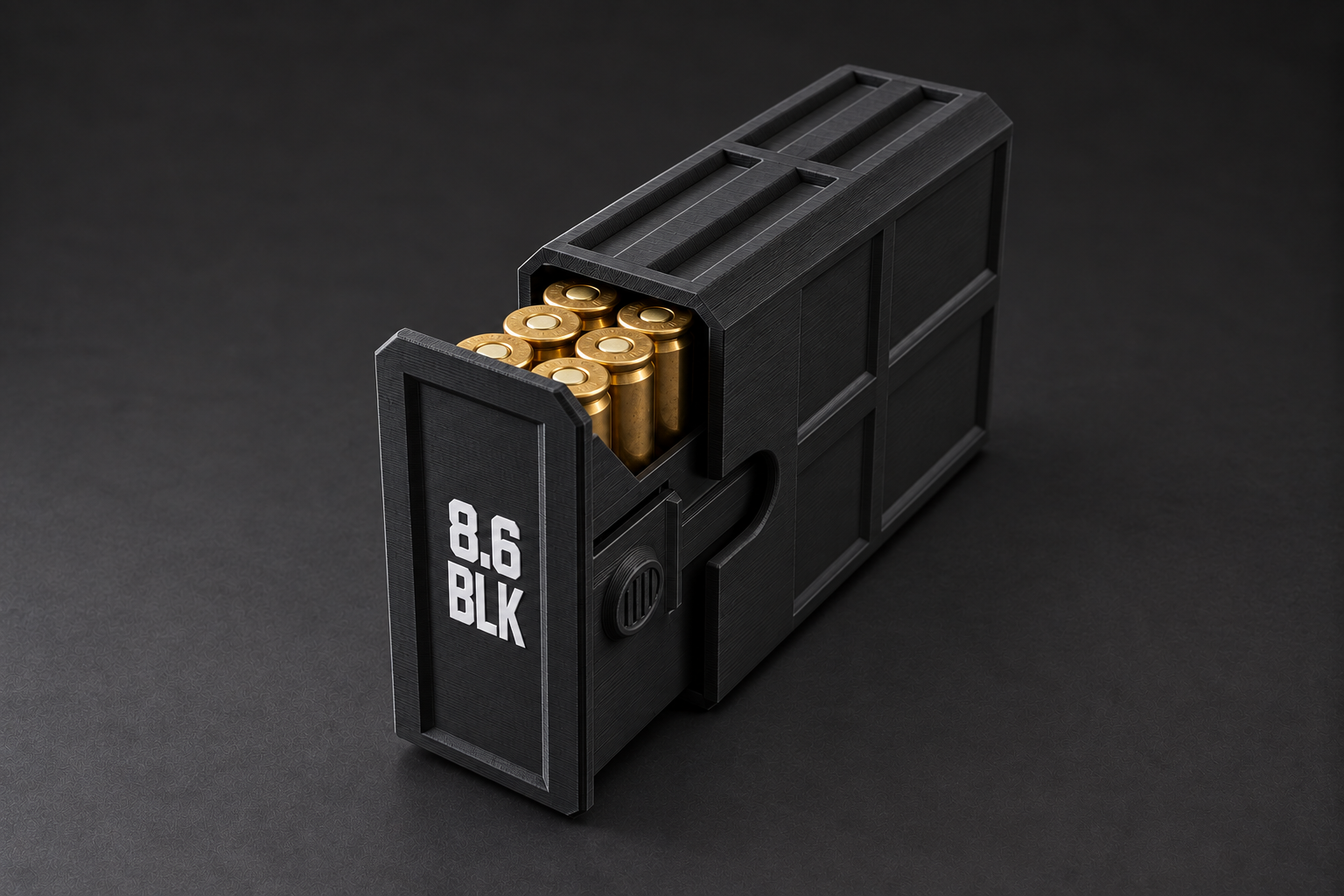Black BattleBox 8.6 Blackout Stackable Vault with white lettering and a loaded open tray on a black background
