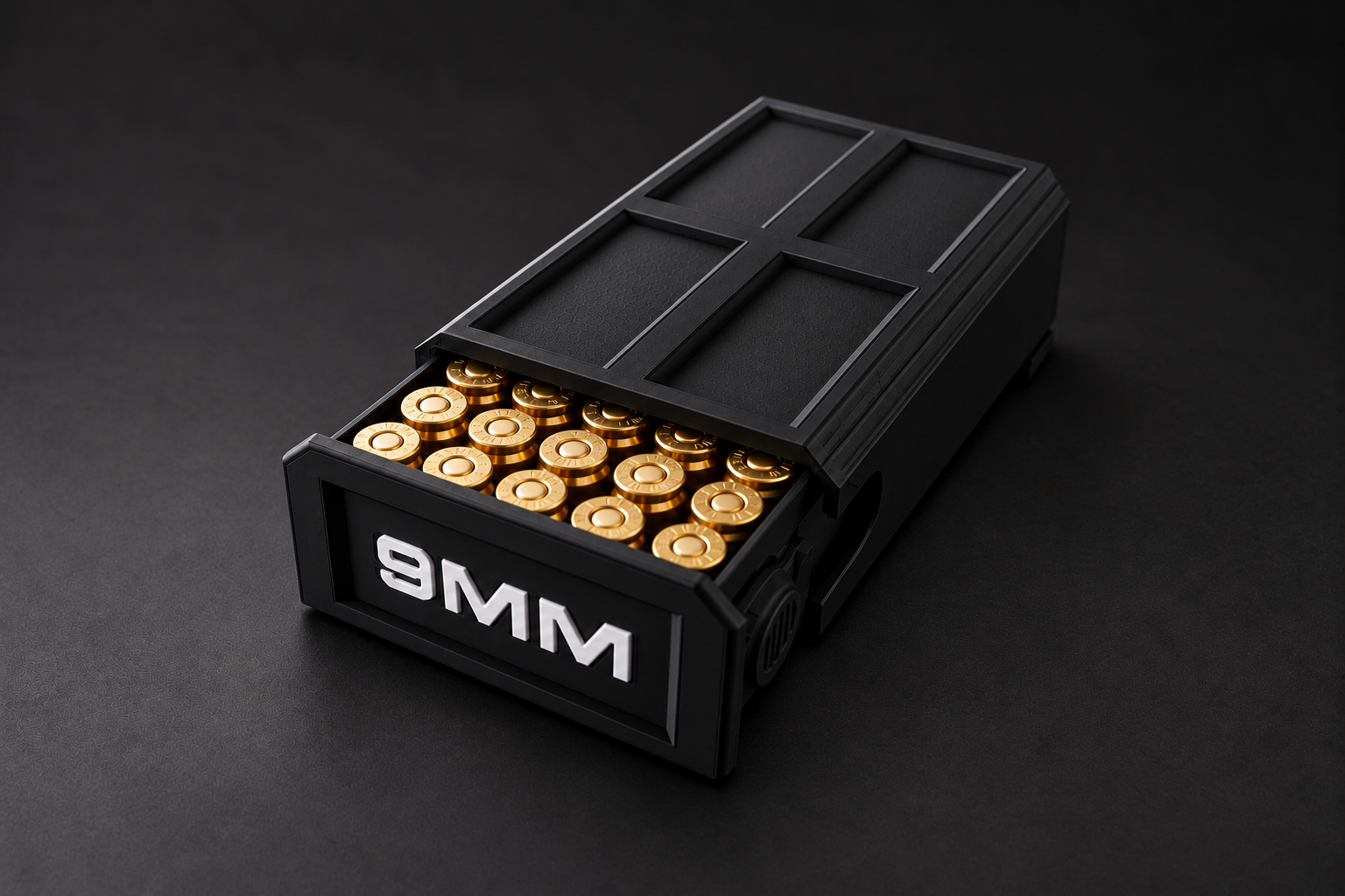 Black BattleBox Stackable Vault with white 9MM lettering and a loaded open tray on a black background